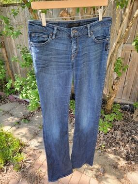 Silver Jeans "Selena" Blue Denim with Brown Leather Patch ♡ W30 L33 Low Rise